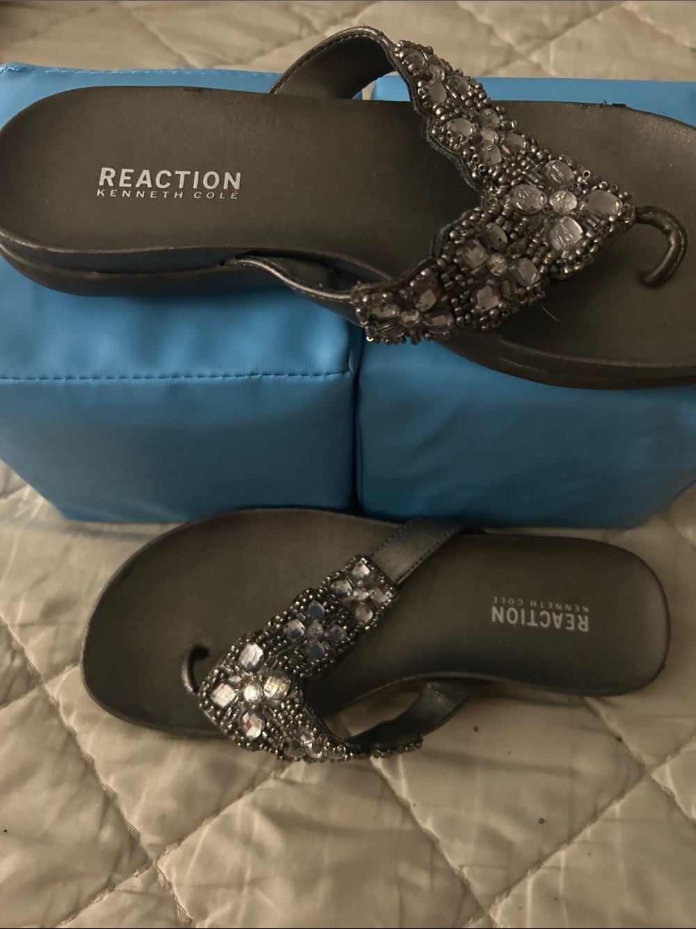 Kenneth Cole Reaction Black Jeweled Thong Sandals